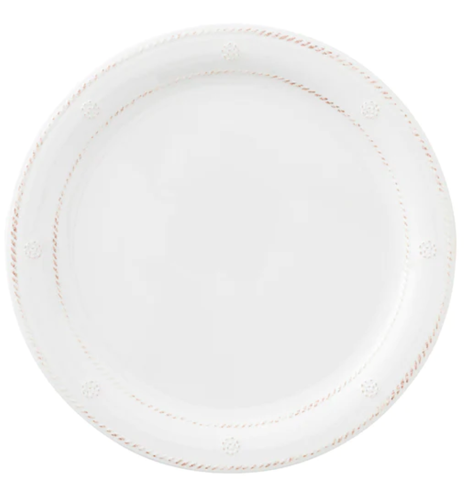 The Juliska Berry & Thread Melamine Whitewash Dinnerware Collection features a white plate with a subtle rim motif, ideal for entertainers who appreciate elegant yet durable dinnerware.