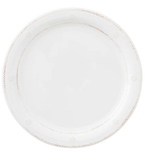 The Juliska Berry & Thread Melamine Whitewash Dinnerware Collection features a white plate with a subtle rim motif, ideal for entertainers who appreciate elegant yet durable dinnerware.