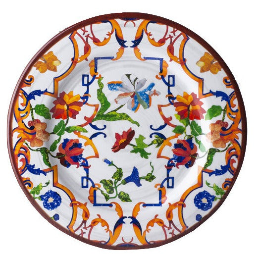 The Pancale White Melamine Dinnerware Collection by Mario Luca Giusti features a Florence-inspired design with vibrant red, orange, blue, and green floral and geometric patterns on a white background.