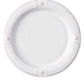 A round white ceramic plate from Juliska’s Berry & Thread French Panel Dinnerware Collection, featuring a raised rim inspired by Parisian architecture with four textured accents evenly spaced around the edge.