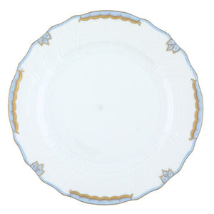 The Herend Princess Victoria Light Blue Collection plate by Herend is a white ceramic piece featuring a scalloped edge, adorned with blue floral motifs and gold accents around the rim. The center remains plain, showcasing artistic appreciation in every detail.