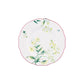 White porcelain plate from Ginori 1735’s Florenza Impero Dinnerware Collection, with a red rim, green and yellow floral motifs, and a blue insect on the right—a standout of Italian porcelain artistry.