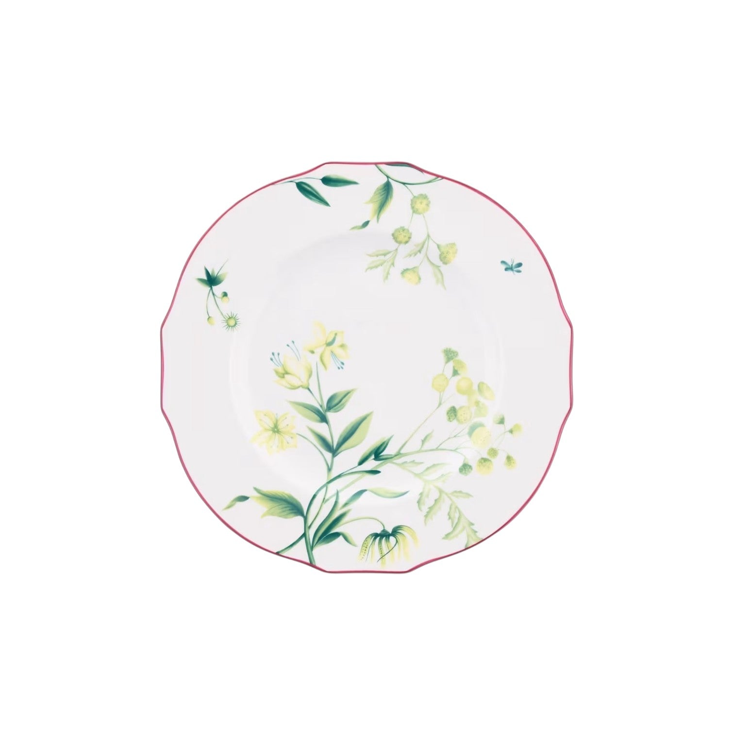 White porcelain plate from Ginori 1735’s Florenza Impero Dinnerware Collection, with a red rim, green and yellow floral motifs, and a blue insect on the right—a standout of Italian porcelain artistry.