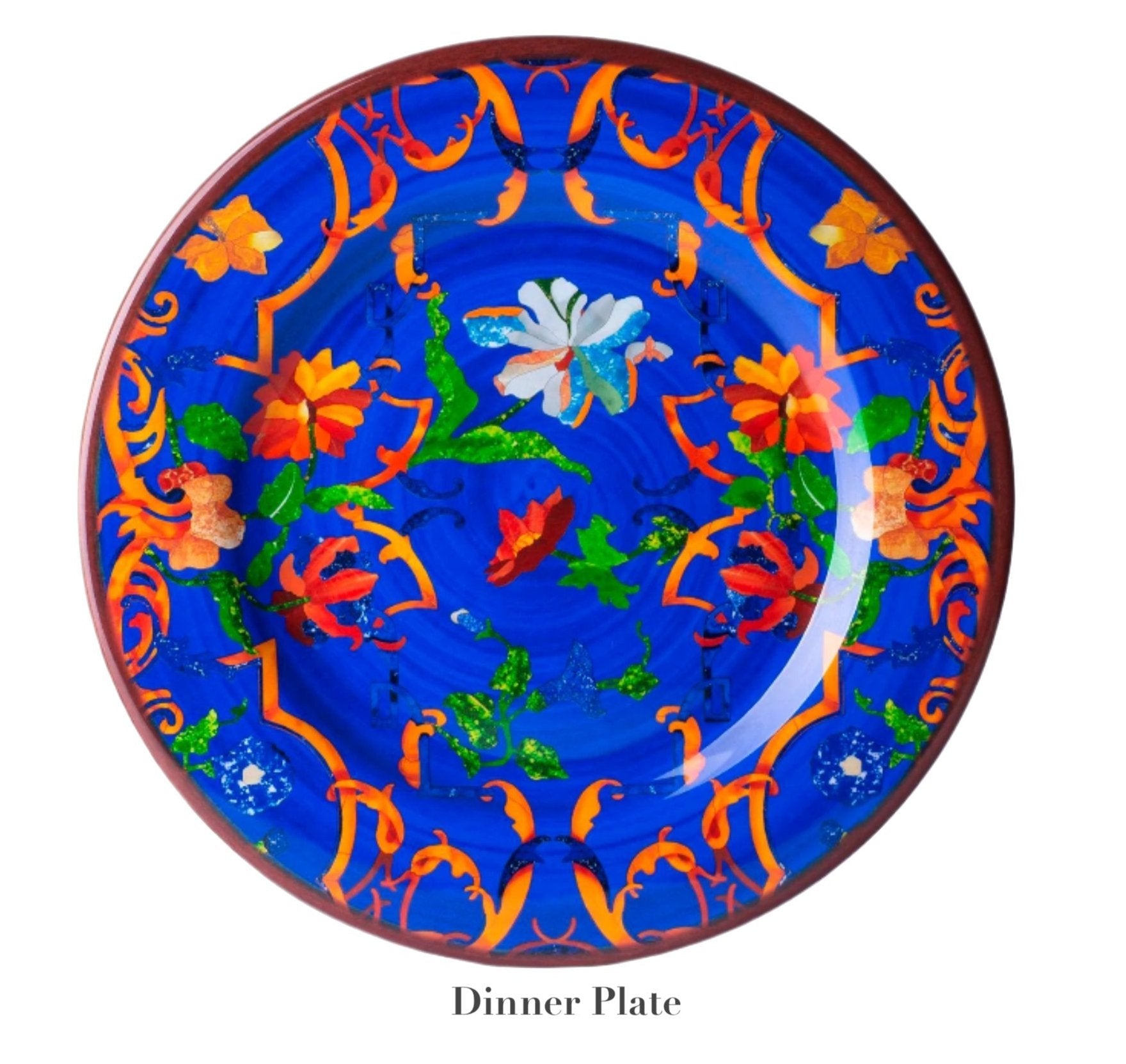 The Mario Luca Giusti Pancale Blue Melamine Dinnerware Collection features round plates with a vibrant blue background and lively multicolored floral patterns—perfect for adding style and color to any table setting.