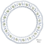 The Juliska Villa Seville Chambray Dinner Plate features a white base with a blue and green floral border inspired by hand-painted tiles, from the Villa Seville Chambray Dinnerware Collection.