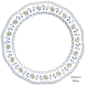 The Juliska Villa Seville Chambray Dinner Plate features a white base with a blue and green floral border inspired by hand-painted tiles, from the Villa Seville Chambray Dinnerware Collection.