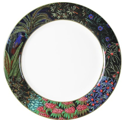 A black plate with a floral design from the Gien France Jardins Du Palais Collection.