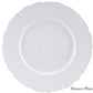 A white porcelain dinner plate from the Empire White Dinnerware Collection by Anna Weatherley, featuring a textured rim, is displayed against a plain background. "Dinner Plate" appears in the lower right corner. Made in Portugal.