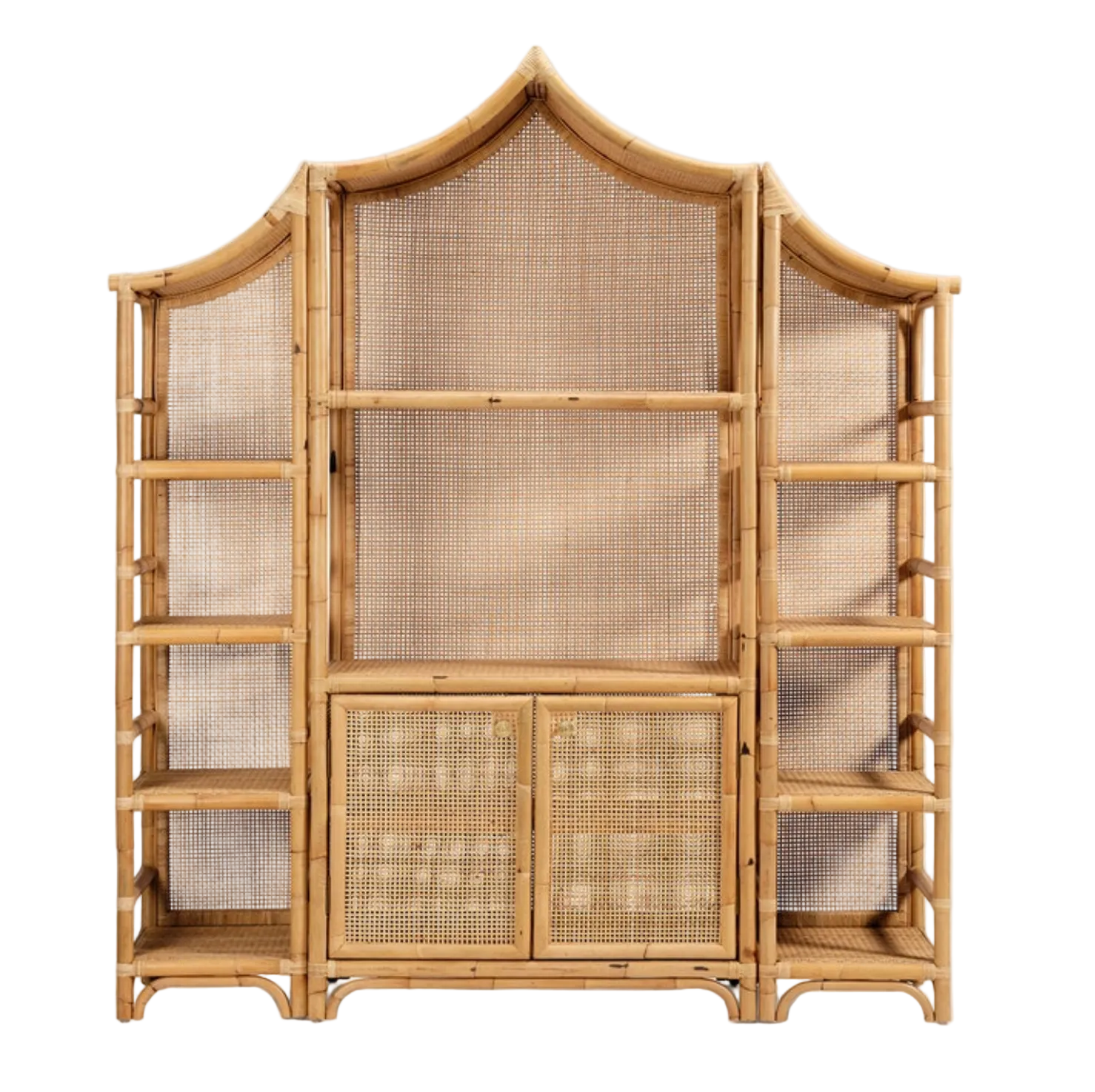 The Lainey 3 Piece Bookcase Set by Made Goods is a spacious bamboo shelving unit with a distinctive pagoda-inspired silhouette, showcasing open side shelves, a woven cane back, and two central cabinet doors at the bottom—a stunning statement centerpiece for any room.