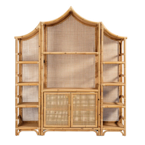 The Lainey 3 Piece Bookcase Set by Made Goods is a spacious bamboo shelving unit with a distinctive pagoda-inspired silhouette, showcasing open side shelves, a woven cane back, and two central cabinet doors at the bottom—a stunning statement centerpiece for any room.