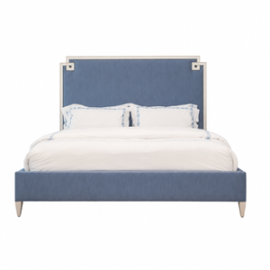 The Elise King Bed by Hickory Chair features blue upholstery, a high rectangular headboard, white trim, and crisp white bedding. Shown from the front against a white background, this floating bed is expertly crafted from maple veneers and beech solids for lasting elegance.