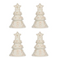 The Juliska Berry & Thread White Tree Place Card Holder Set features four white ceramic Christmas tree figurines with star toppers and Berry & Thread detailing, arranged in a two-by-two grid against a plain background.