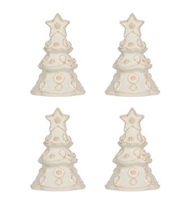 The Juliska Berry & Thread White Tree Place Card Holder Set features four white ceramic Christmas tree figurines with star toppers and Berry & Thread detailing, arranged in a two-by-two grid against a plain background.