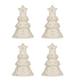 Four white ceramic Berry & Thread Tree Place Card Holders, each shaped like an evergreen tree topped with a star.