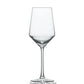 A clear Fortessa Pure Collection Sauvignon Blanc wine glass with a long stem and slightly tapered bowl, crafted from pure glass, displayed against a plain white background.