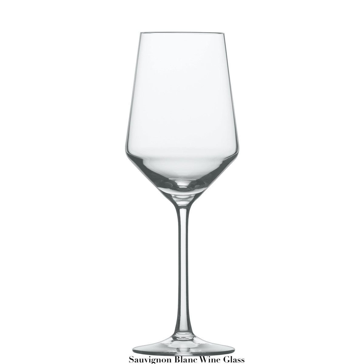 A clear Fortessa Pure Collection Sauvignon Blanc wine glass with a long stem and slightly tapered bowl, crafted from pure glass, displayed against a plain white background.