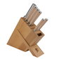 The Shun Classic Blonde Knife Block Set, 7-Piece, features seven knives with stainless steel handles stored in a wooden block stand and includes VG-MAX cutting cores for exceptional sharpness and durability.