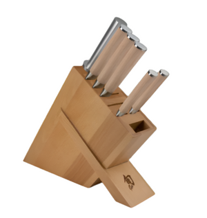 The Shun Classic Blonde Knife Block Set, 7-Piece, features seven knives with stainless steel handles stored in a wooden block stand and includes VG-MAX cutting cores for exceptional sharpness and durability.
