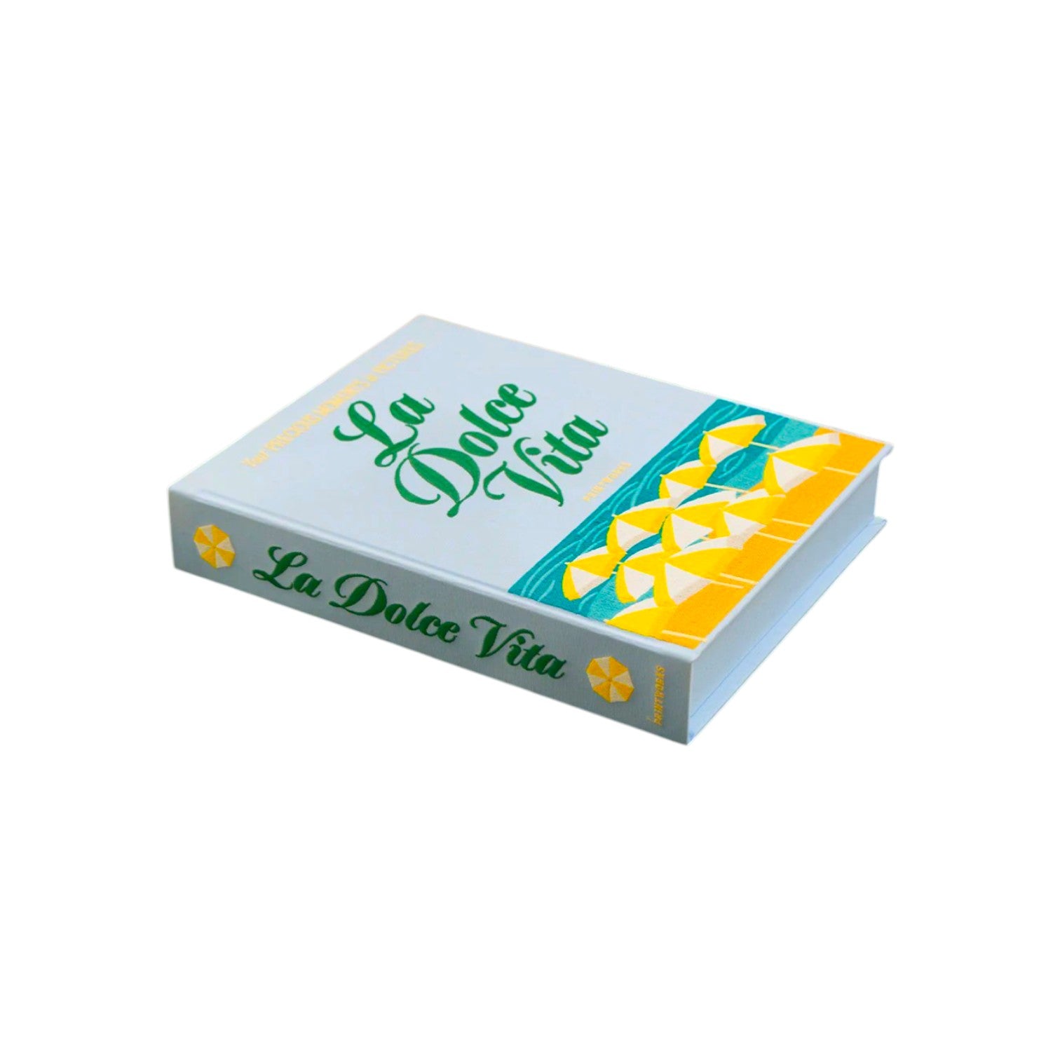 The PrintWorks La Dolce Vita Photo Album, a hardcover with a white cover and yellow-green geometric patterns, makes a perfect coffee table centerpiece from the Embroidered Collection.