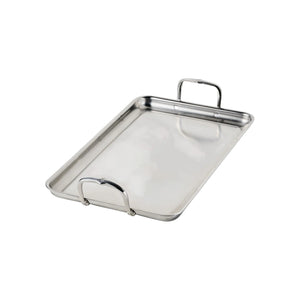 The Hestan Provisions Double Burner Griddle, a rectangular tri-ply stainless steel tray with two handles, is photographed on a white background.