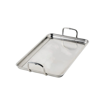 The Hestan Provisions Double Burner Griddle, a rectangular tri-ply stainless steel tray with two handles, is photographed on a white background.