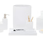 From the Dover Bath Collection by Pigeon & Poodle, this set offers white engraved resin accessories—soap dispenser, toothbrush holder, tissue box, tray, soap dish, jar, and waste bin—displayed on a white backdrop.