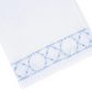 Transform your home décor with the Haute Home Bamboozle Bath Collection—crisp white Italian linen featuring a decorative blue embroidered border with an eye-catching geometric circular and diamond pattern along one edge.