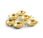 Gold-toned Pomegranate Seder Plate by Michael Aram, featuring six interconnected pomegranate-shaped dishes with branch-like details, displayed on a white background. This refined piece from the Michael Aram collection is both a functional Seder plate and an eye-catching pomegranate-themed home accent, perfect for enhancing any occasion.