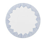 The Dream Weaver Placemat by Kim Seybert is a circular white woven design accented with evenly spaced short blue lines radiating inward, creating a starburst pattern—an ideal touch for summer entertaining.
