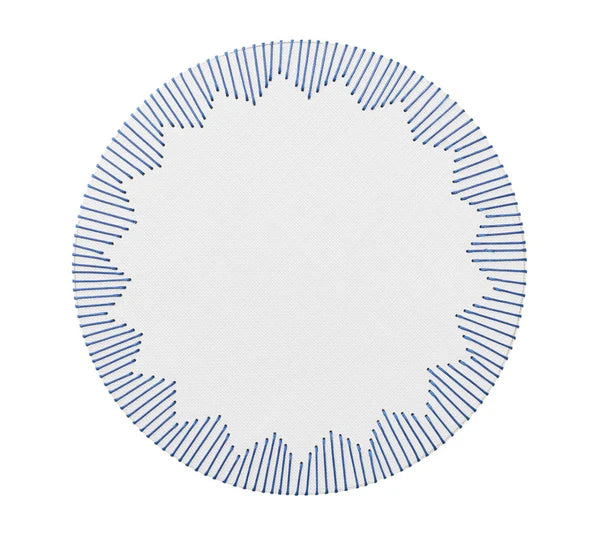 The Dream Weaver Placemat by Kim Seybert is a circular white woven design accented with evenly spaced short blue lines radiating inward, creating a starburst pattern—an ideal touch for summer entertaining.