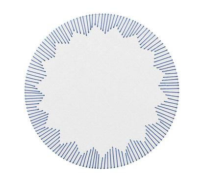 The Dream Weaver Placemat by Kim Seybert is a circular white woven design accented with evenly spaced short blue lines radiating inward, creating a starburst pattern—an ideal touch for summer entertaining.
