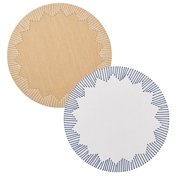 Two Kim Seybert Dream Weaver placemats, perfect for summer entertaining—one in beige with a white starburst pattern and one in white with a blue starburst pattern.