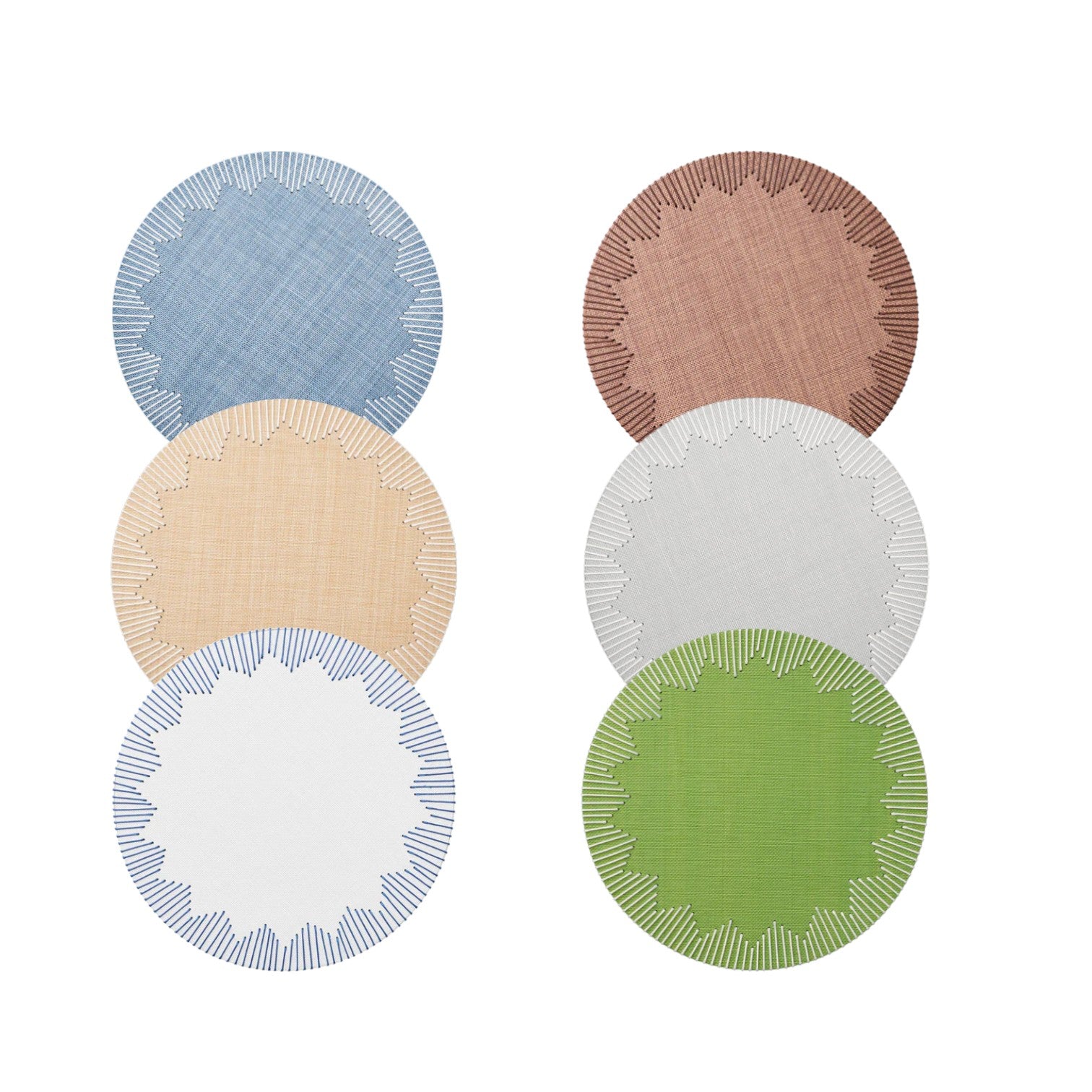 Six Kim Seybert Dream Weaver Placemats in blue, brown, beige, white, and green with decorative stitched borders are displayed in two vertical columns of three.