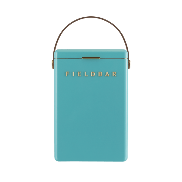 A turquoise rectangular cooler from the Fieldbar Drinks Box Cooler Collection, featuring gold "Fieldbar" lettering, a brown handle, and front-facing design for lasting thermal performance.