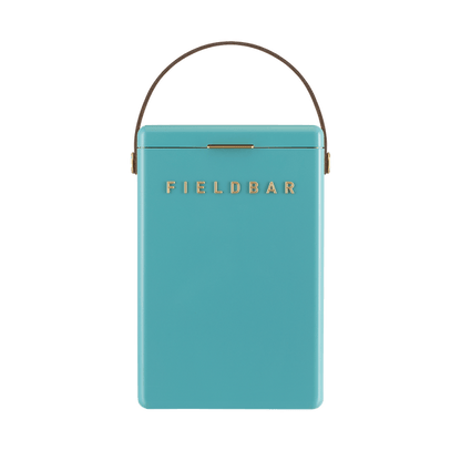 A turquoise rectangular cooler from the Fieldbar Drinks Box Cooler Collection, featuring gold "Fieldbar" lettering, a brown handle, and front-facing design for lasting thermal performance.