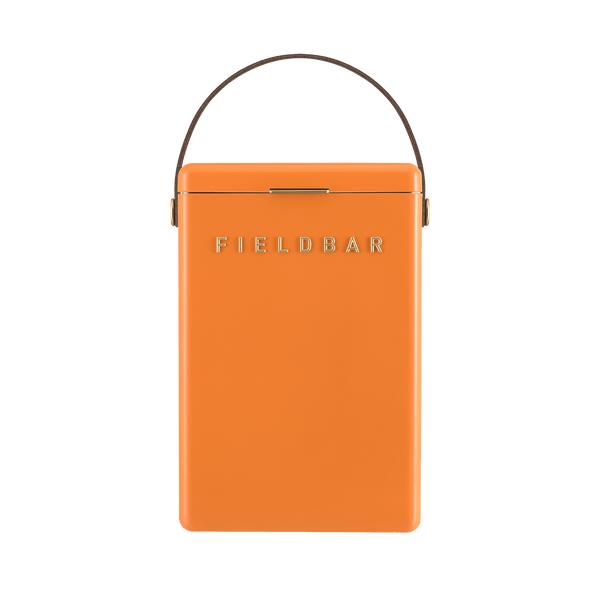 The Fieldbar Drinks Box Cooler Collection features an orange rectangular cooler with a hinged lid, brown handle, and raised "Fieldbar" logo—designed for durable thermal performance on every adventure.