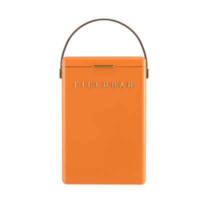 The Fieldbar Drinks Box Cooler Collection features an orange rectangular cooler with a hinged lid, brown handle, and raised "Fieldbar" logo—designed for durable thermal performance on every adventure.