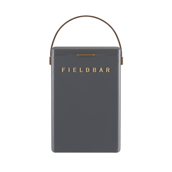The Fieldbar Drinks Box Cooler Collection features a rectangular, dark blue cooler with gold lettering and a brown handle, set against a transparent background to showcase its durable build and excellent thermal performance.