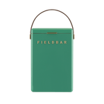 A sturdy green rectangular cooler from the Fieldbar Drinks Box Cooler Collection, designed with a brown handle and gold "FIELD BAR" logo on the front, shown on a white background.