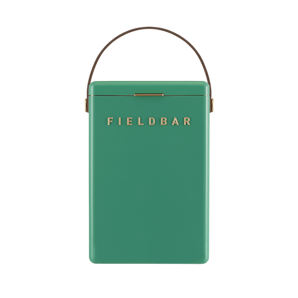 A sturdy green rectangular cooler from the Fieldbar Drinks Box Cooler Collection, designed with a brown handle and gold "FIELD BAR" logo on the front, shown on a white background.
