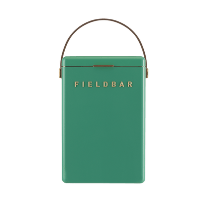 A sturdy green rectangular cooler from the Fieldbar Drinks Box Cooler Collection, designed with a brown handle and gold "FIELD BAR" logo on the front, shown on a white background.