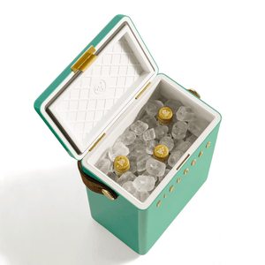 The Fieldbar Drinks Box Cooler Collection features a durable green box with an open lid, holding ice cubes and four gold-capped bottles inside for excellent thermal performance.
