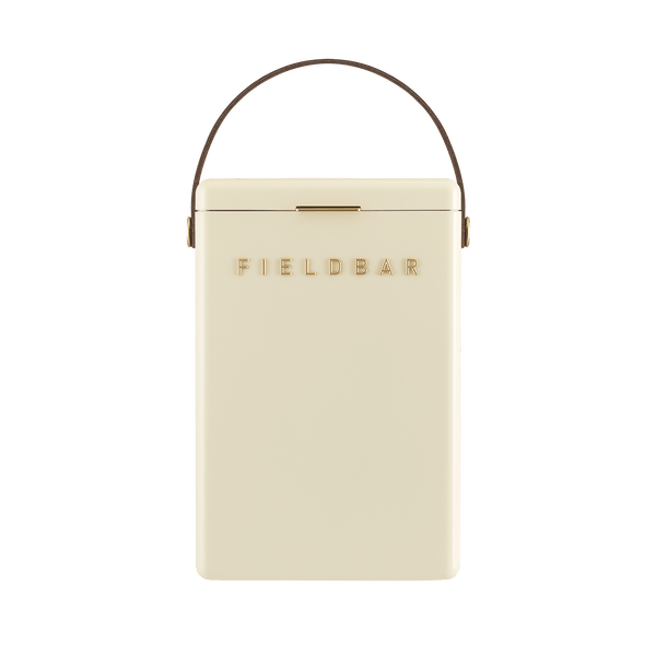 The Fieldbar Drinks Box Cooler Collection features a cream-colored, durable cooler with a brown handle and gold "FIELDBAR" logo, designed for superior thermal performance.