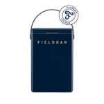 A durable rectangular navy blue Fieldbar Drinks Box Cooler Collection cooler with excellent thermal performance, a handle, and a circular "Flagship Colour" badge in the top right corner.