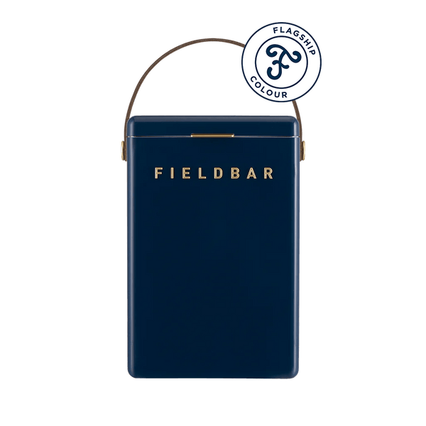 A durable rectangular navy blue Fieldbar Drinks Box Cooler Collection cooler with excellent thermal performance, a handle, and a circular "Flagship Colour" badge in the top right corner.