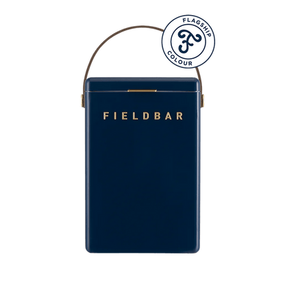 A durable rectangular navy blue Fieldbar Drinks Box Cooler Collection cooler with excellent thermal performance, a handle, and a circular "Flagship Colour" badge in the top right corner.