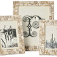 The Mombasa Frame Collection by Pigeon & Poodle features three decorative frames with a Tiger Cowrie–inspired brown-and-white dotted pattern, each displaying unique artwork: cyclists, an abstract design, and a cactus scene.