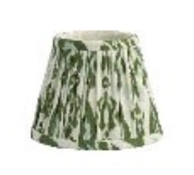 The Addison Ross Empire and Scalloped Lampshade displays a green and white abstract pattern against a plain white background, designed to pair beautifully with a rechargeable lamp base and featuring an E14 bulb holder for versatile lighting options.