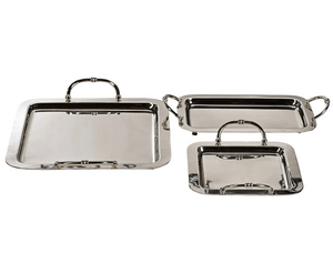 The Manetta Polished Nickel Tray Collection by Zodax features three trays in varying sizes, each with decorative handles, creating an elegant set perfect for serving, all displayed against a white background.