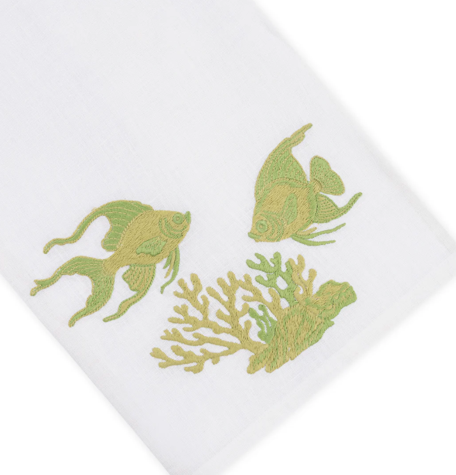 Deep Water Fish Bath Collection white premium linen hand towel featuring green embroidered fish and coral.